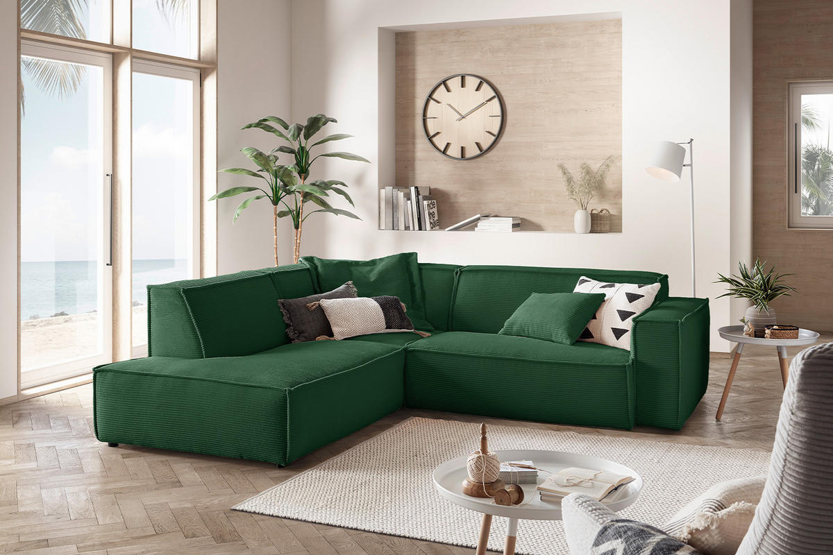 ECKSOFA SAMU Smaragdgrün Cord - Smaragdgrün/Schwarz, Textil (254/224cm) - KAWOLA