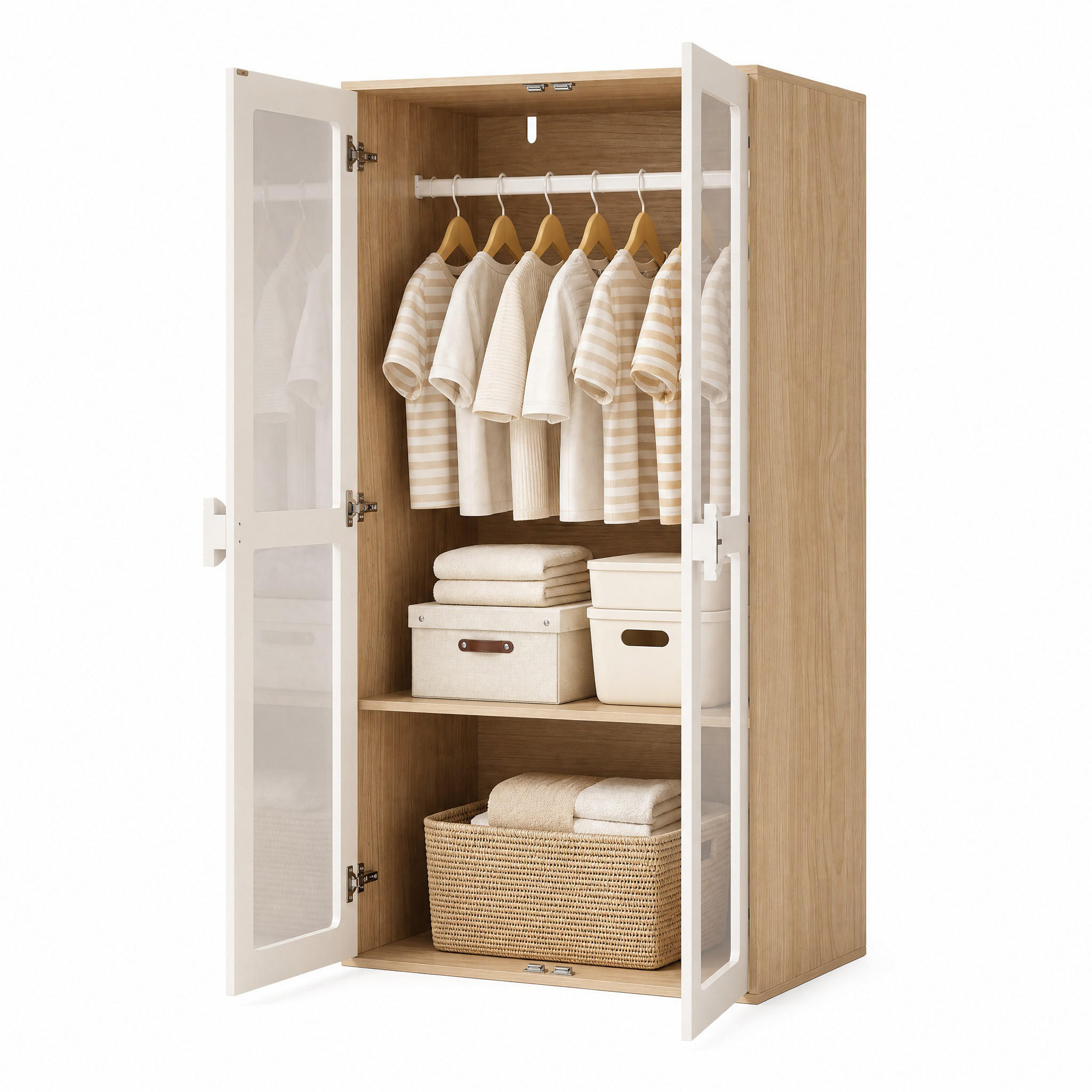 KINDERREGAL in Weiß und Naturfarben Kinderkleiderschrank mit Bügelstange für Schlafzimmer, B80/T50/H150cm - Weiß, Holzwerkstoff/Kunststoff (80/150/50cm) - STILVORA