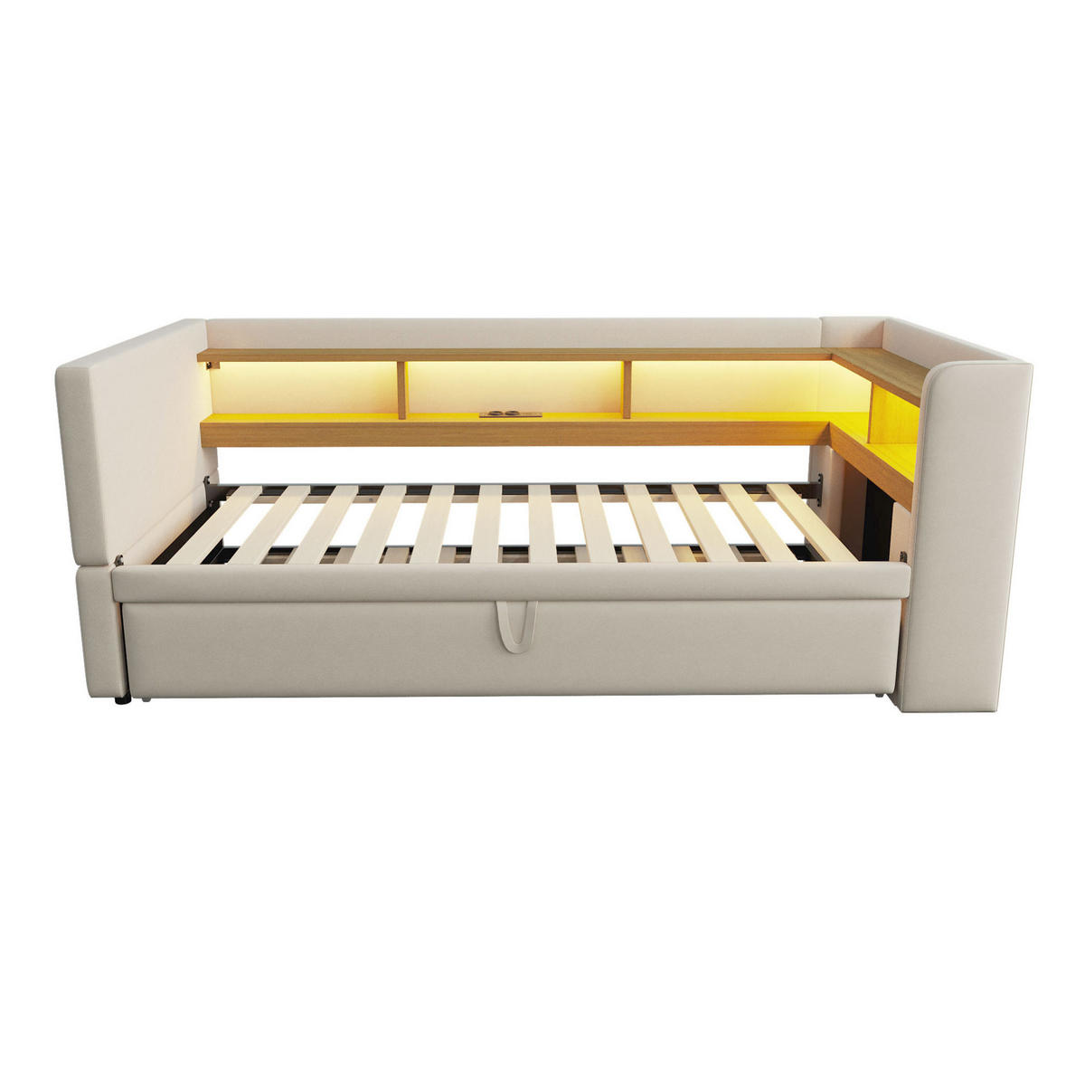 POLSTERBETT 90/180 cm Beige aus Flanell mit LED und Steckdosen - Beige, Textil (90/190cm) - OKMYHOME