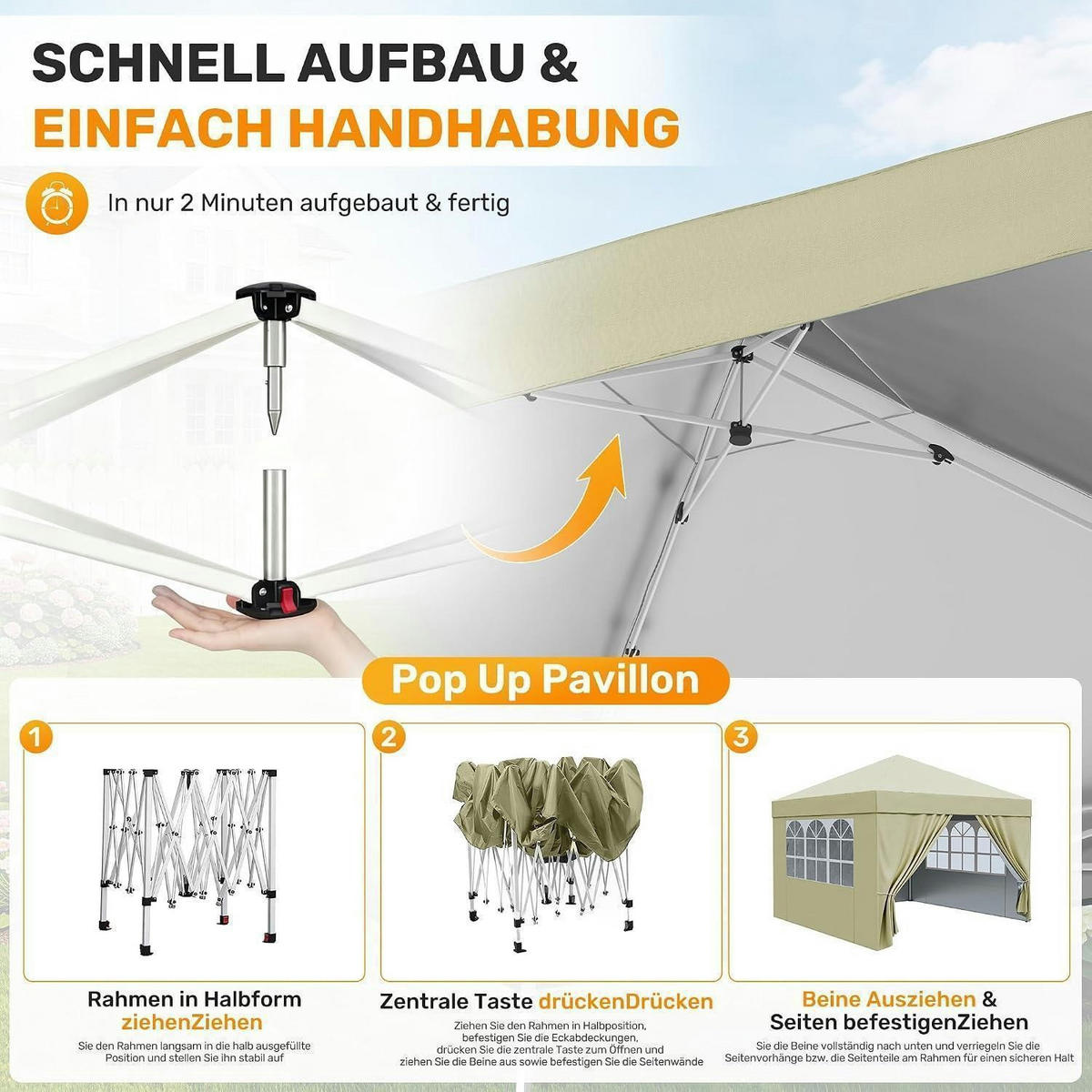 GARTENPAVILLON 3x3m Wasserdicht UV-Schutz 50+ Beige mit 4 Seitenteilen - Beige, Textil (300/265/300cm)