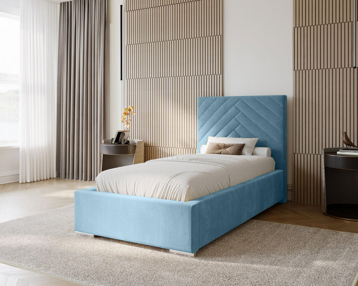 POLSTERBETT Aura 100x200 cm, Einzelbett mit Bettkasten und Lattenrost aus Holz, Velourstoff: Hellblau - Hellblau, Holz/Kunststoff (100/200cm) - Marpur