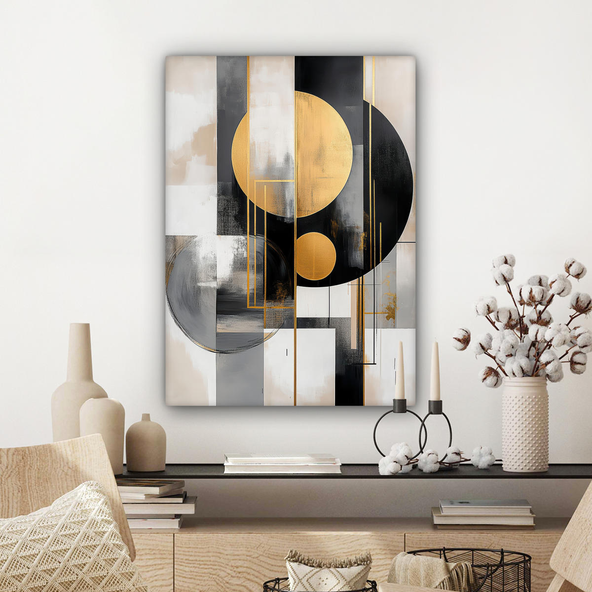 LEINWANDBILD Abstrakt - Gold - Silber - Formen - Ästhetisch - Modern Wandbild Wohnzimmer 60x80 cm - Goldfarben, Textil (60/80cm) - MuchoWow