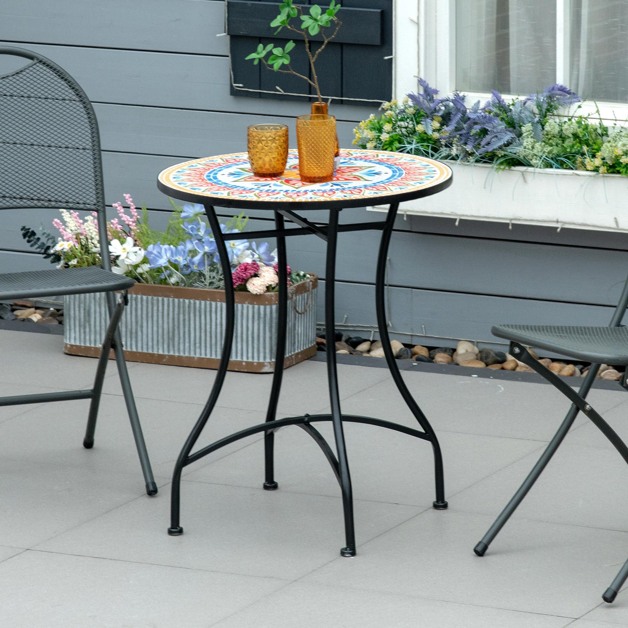 GARTENTISCH, Rot+Blau+Weiß, Keramik - Blau/Rot, Keramik/Metall (60/60/71cm) - Outsunny