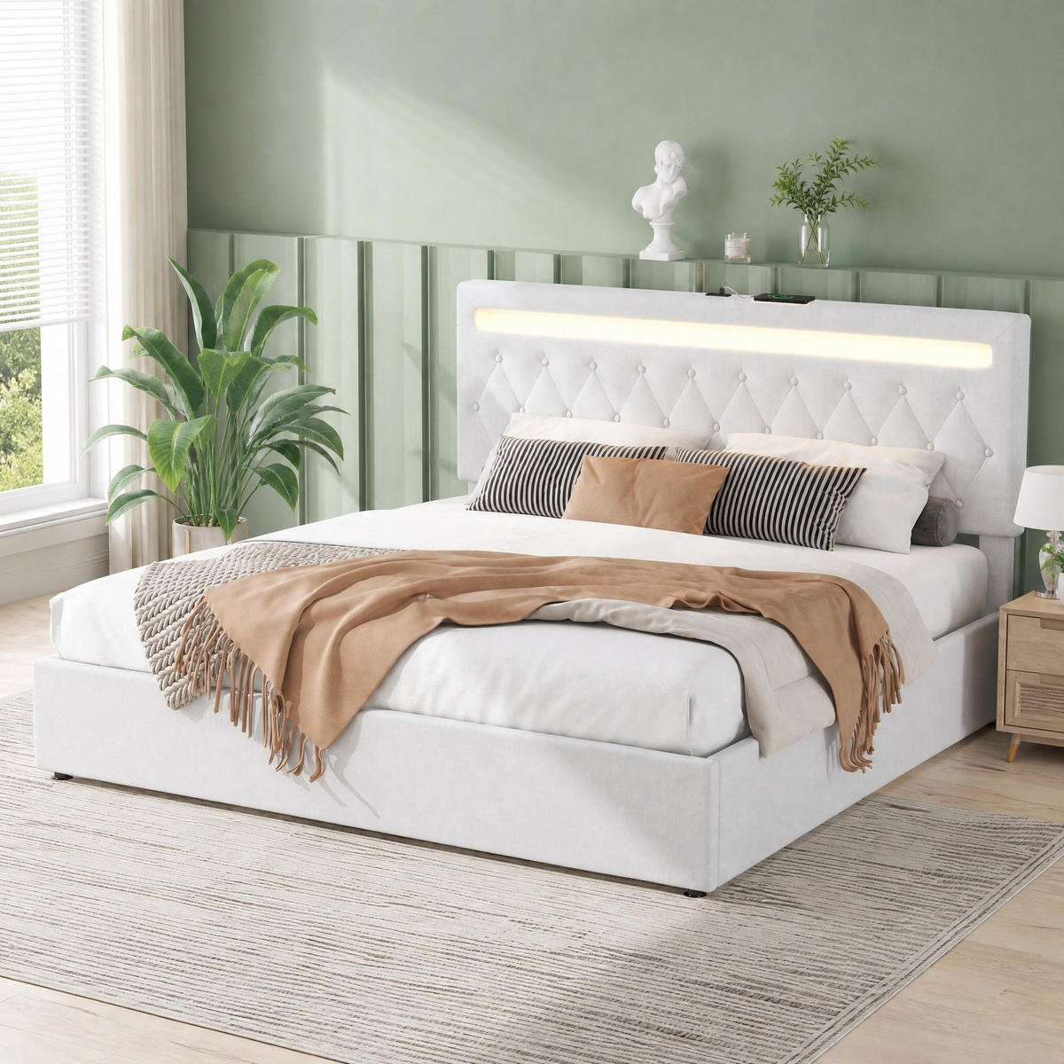 POLSTERBETT 180/200 mit hydraulischem Hebemechanismus, LED und USB-Anschluss in Weiß - Weiß, Holzwerkstoff/Textil (180/200cm) - EVRYAE