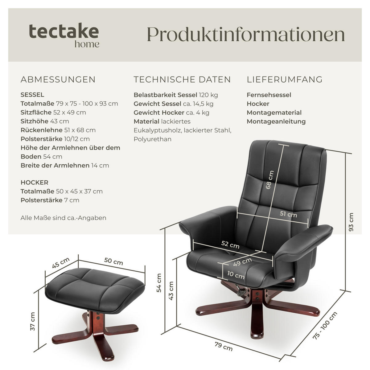 FERNSEHSESSEL ,Belastbarkeit 120 kg,schwarz/braun - Schwarz/Braun, Textil (100/95/78cm) - tectake