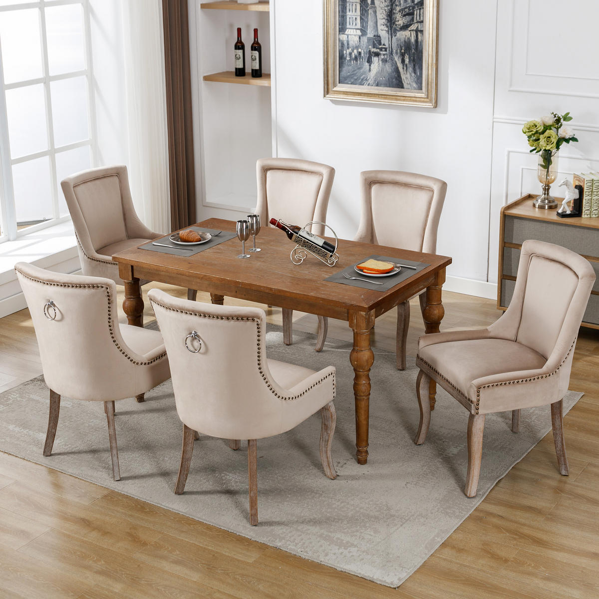 STUHL-SET DE-35921 6 Stück mit Nagelkopfbesatz Beige - Beige, Holz (61/91/55cm) - ComfortXL