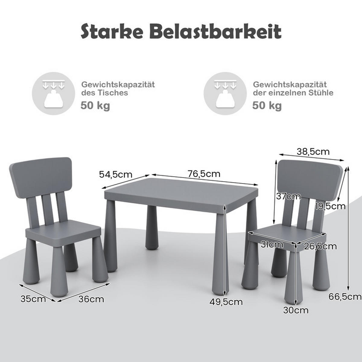 KINDERTISCH mit 2 Stühlen grau(3-tlg) - Grau, Kunststoff (76.5/49.5/54.5cm) - COSTWAY