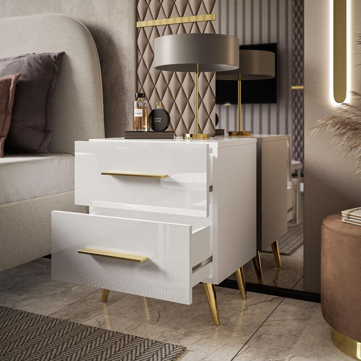 NACHTTISCH AURA LUX mit Hochglanzplatte auf Beinen – Beinfarbe: Gold - Weiß, Holzwerkstoff (45/55/39cm) - Lookway
