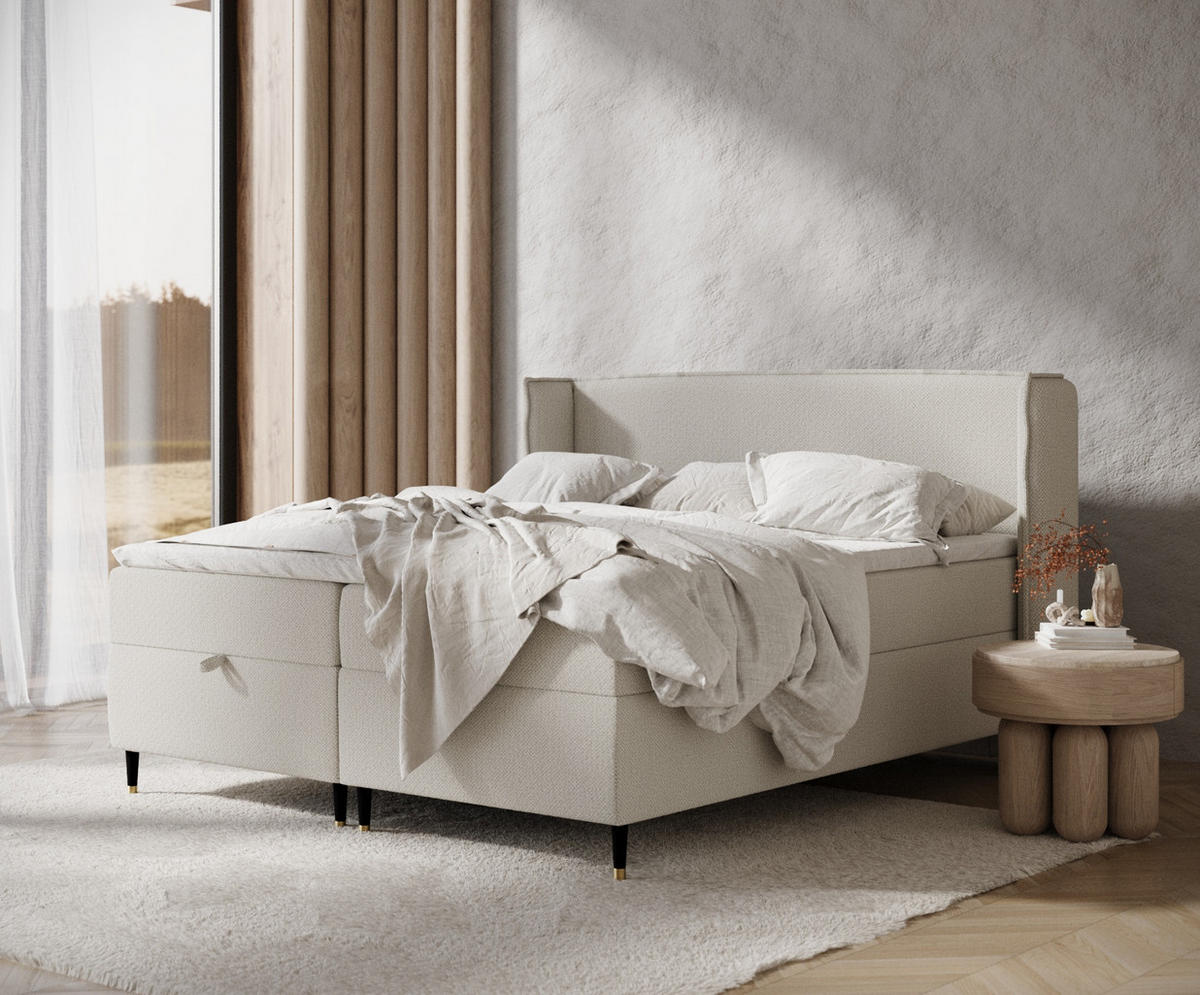 BOXBETT Monpelli Beige 140/200 cm mit Matratze und Topper - Beige/Schwarz, Holz/Holzwerkstoff (140/200cm) - Maison de Reve