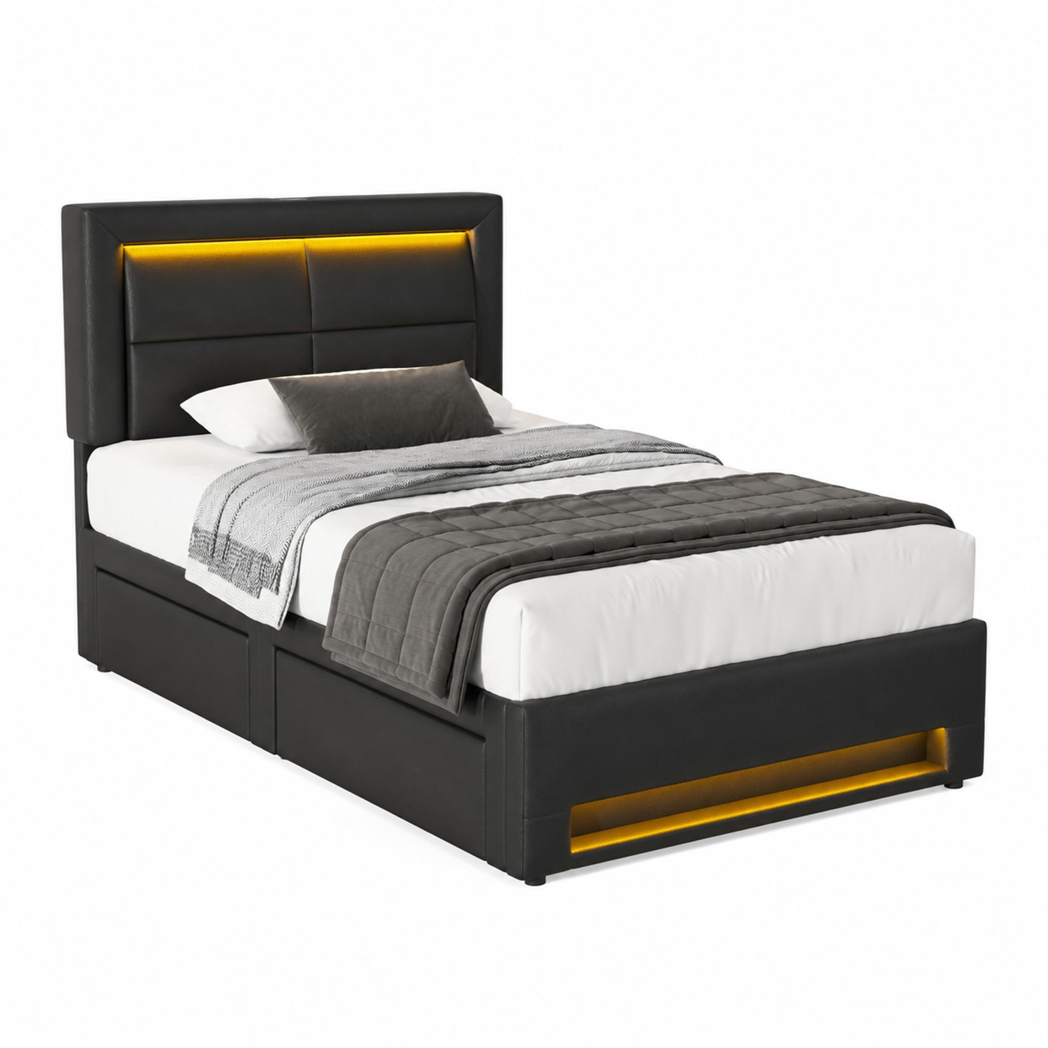 BETT mit LED, USB und 4 Schubladen 90x190 cm PU Schwarz - Schwarz, Metall (90/190cm) - Meubliv