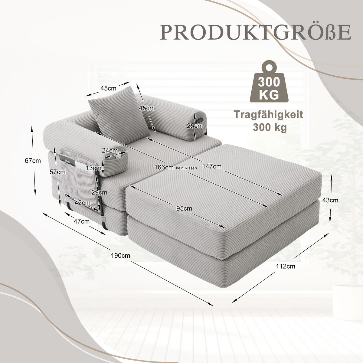 SOFA Cord Hellgrau mit Kissen und Hocker - Hellgrau, Textil/Metall (112/67/190cm) - WISHDOR