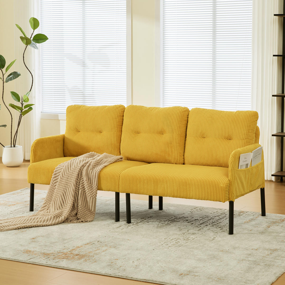 3-SITZER Sofa mit Seitentaschen, Metallgestell & Leinenstoff, 171cm, Gelb - Gelb/Schwarz, Textil/Metall (171/80/72cm) - LVHOM