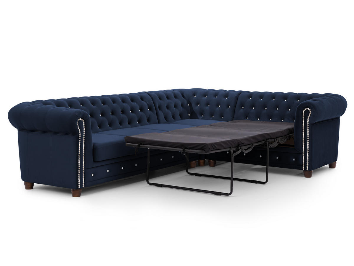 ECKSOFA mit Schlaffunktion Chesterfield Marineblau Samt mit Kristallsteppung und braunen Massivholzfüßen - Ottomane Rechts - Blau/Braun, Holz/Textil (264/210cm) - S-Style Möbel