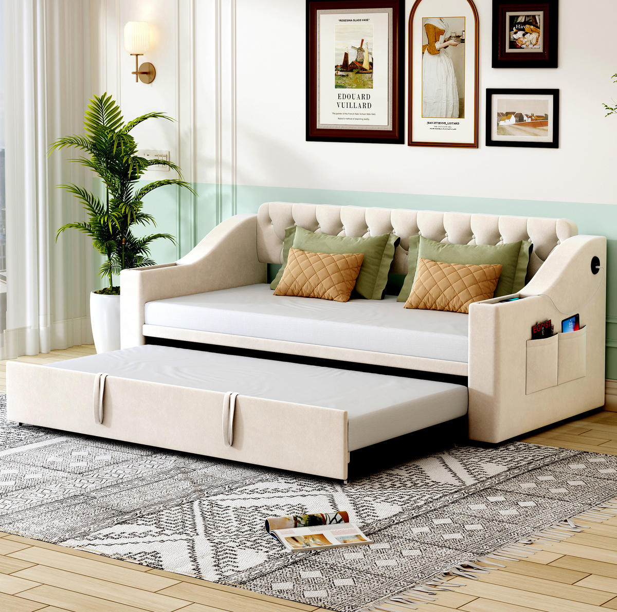 BETT 90/190 cm ausziehbar auf 180/190 cm mit USB und Lattenrost - Beige, Textil (90/180cm) - BEAOK