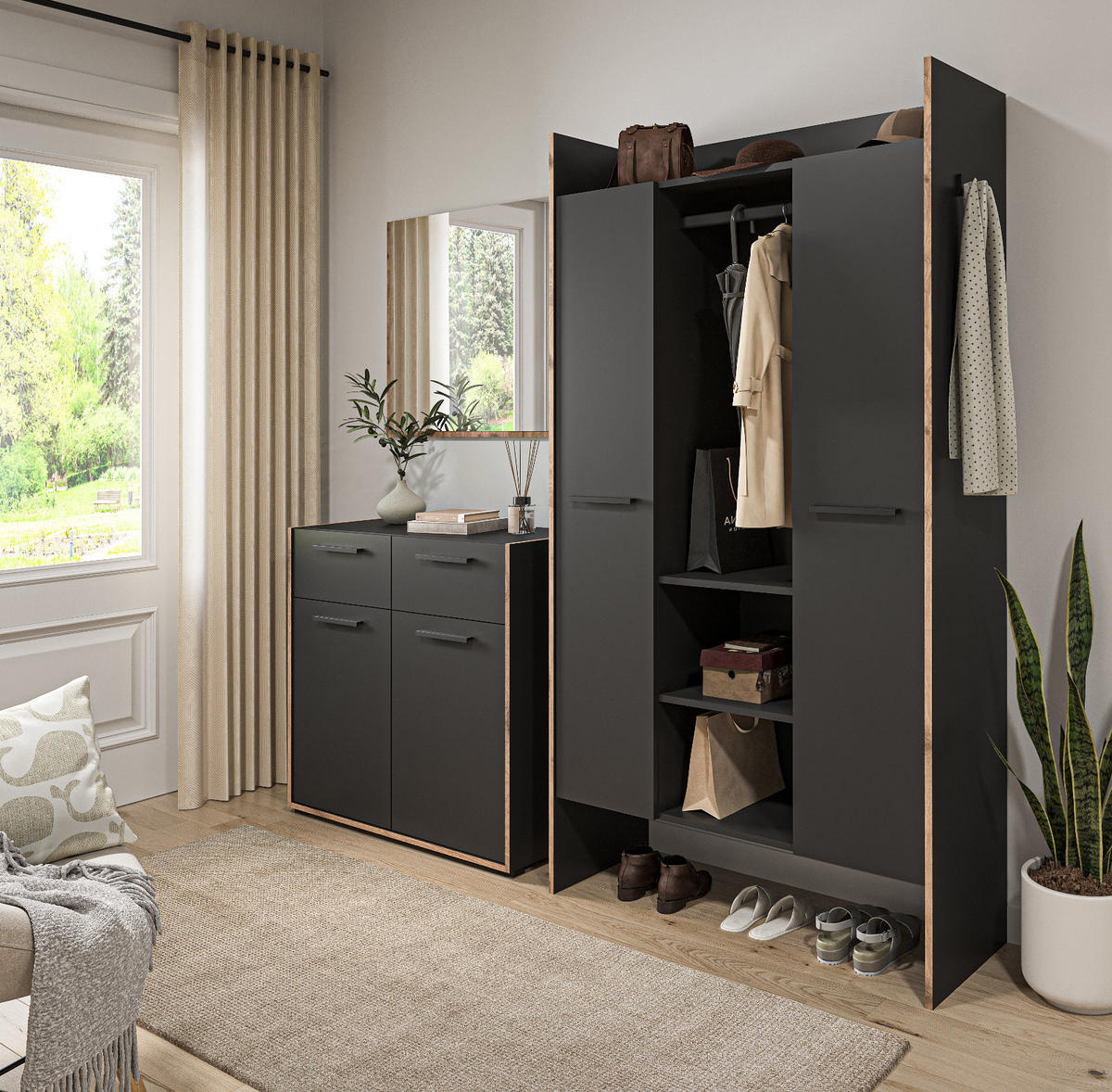 GARDEROBE grau und Nox Eiche, Kompaktgarderobe 105 x 189 cm, Salud - Dunkelgrau/Schwarz, Holzwerkstoff/Kunststoff (105/189/37cm) - Inn.Furn