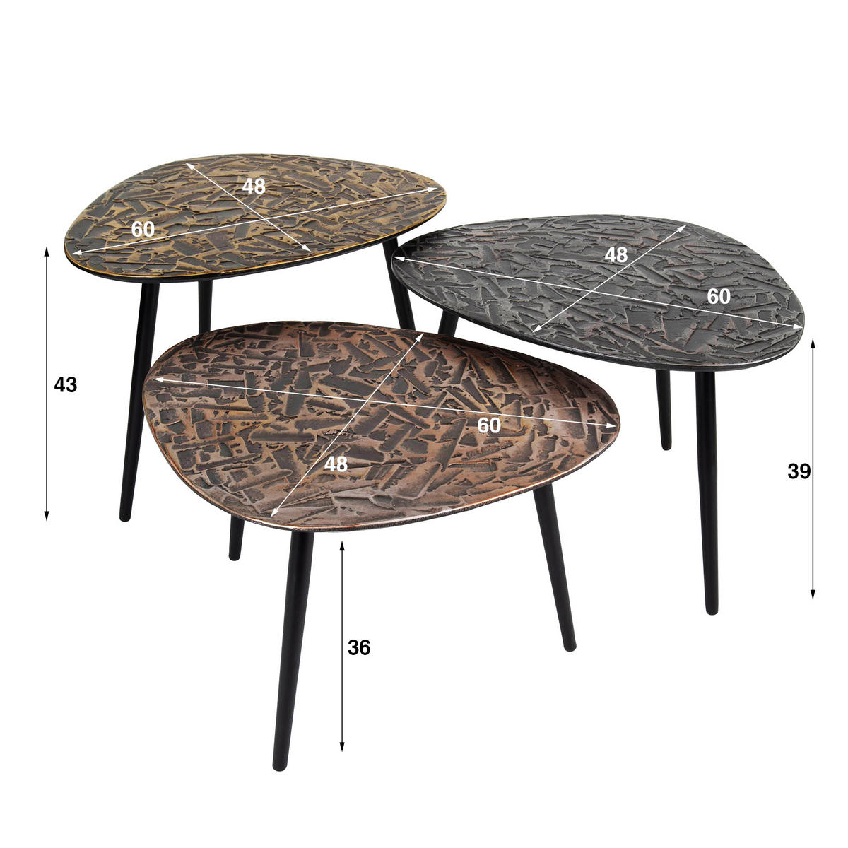 COUCHTISCH Patina Multicolor 48/60/ 43 cm 3er-Set - Multicolor, Metall (48/60/43cm) - Hoyz Collection