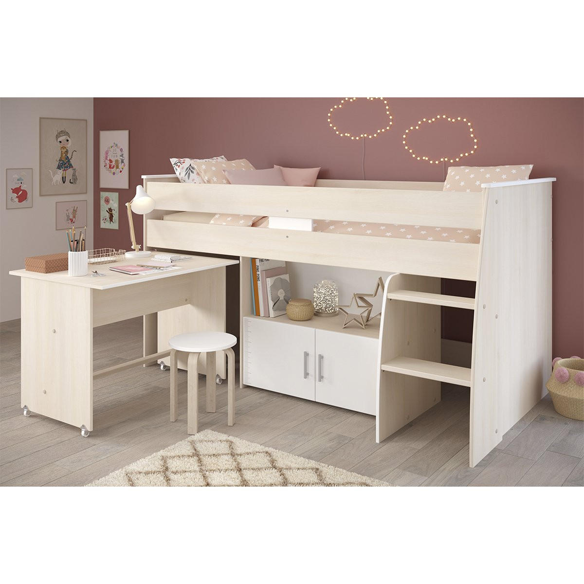 HOCHBETT mit Schreibtisch, Schlafplatz 90x200 cm - Charly - Apfelbaumfarben, Holzwerkstoff (90/200cm) - Calicosy