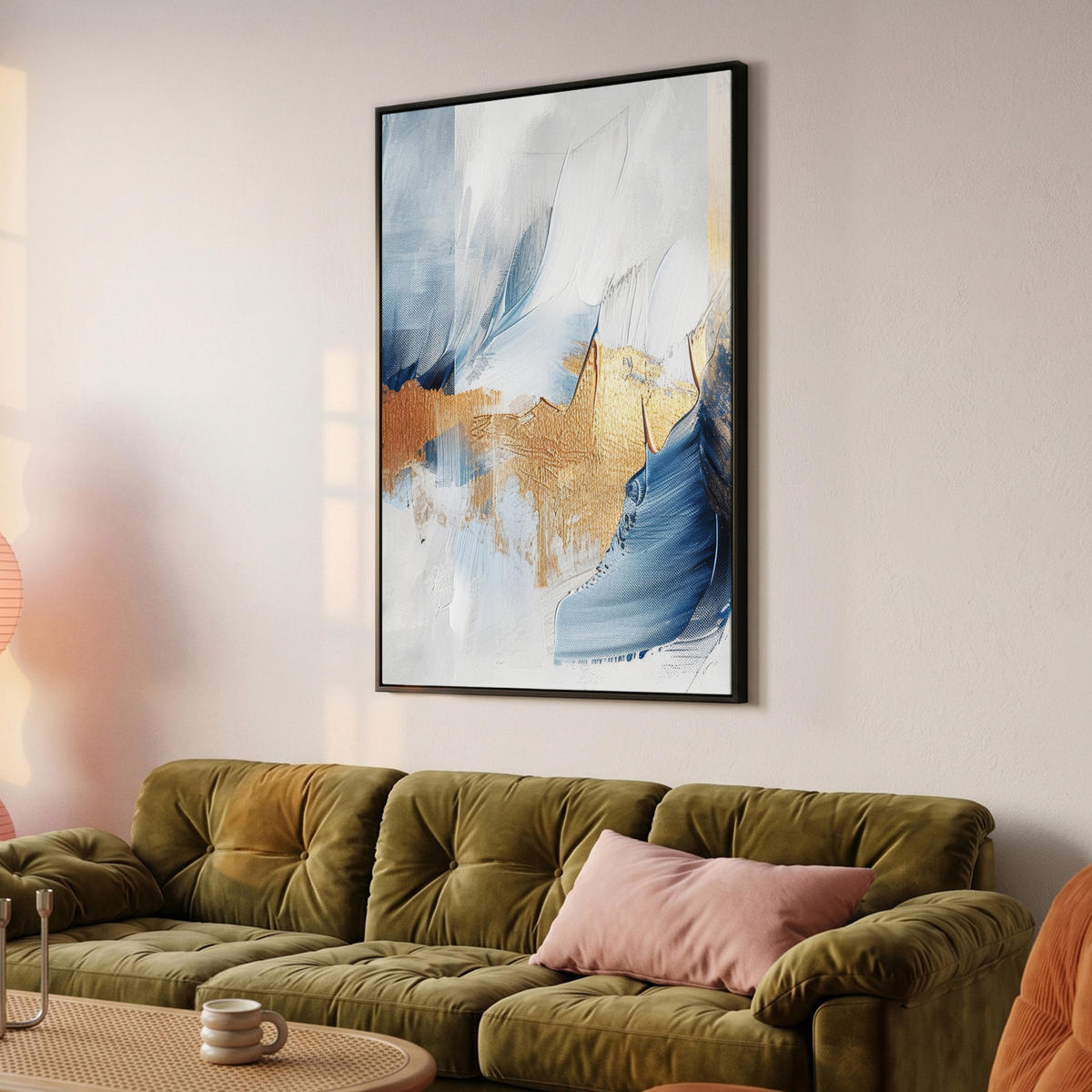 LEINWAND Bilder mit Rahmen - Gold - Blau - Aquarell - Kunst - Modern - 80x120 - Hellblau, Textil (80/120cm) - MuchoWow