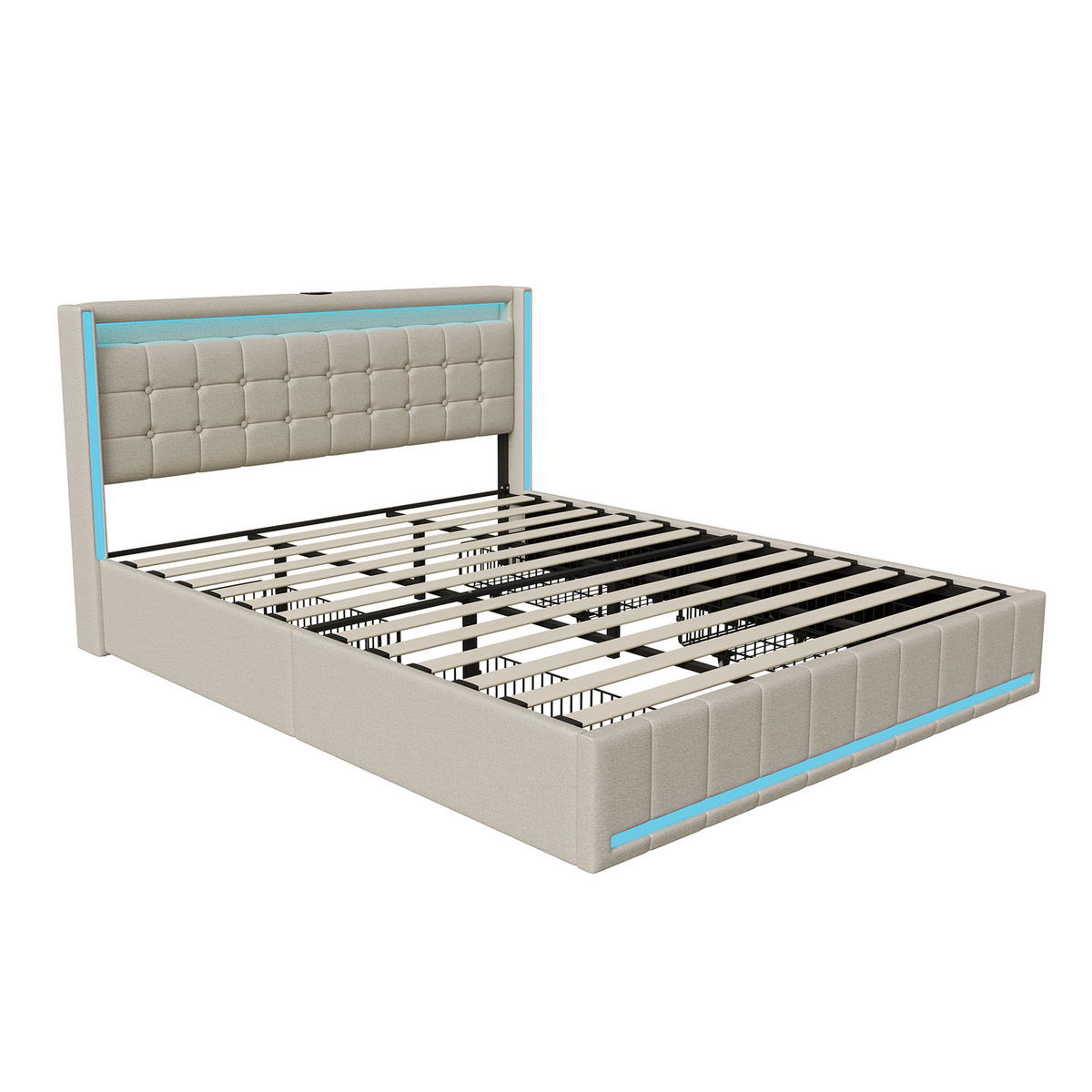 POLSTERBETT 180x200 cm mit 4 Schublade, Doppelbett 180x200 cm mit LED und USB, Lattenrost, Bett 180x200, Beige Leinenstoff - Beige, Holzwerkstoff/Textil (180/200cm) - GENKI LIVING