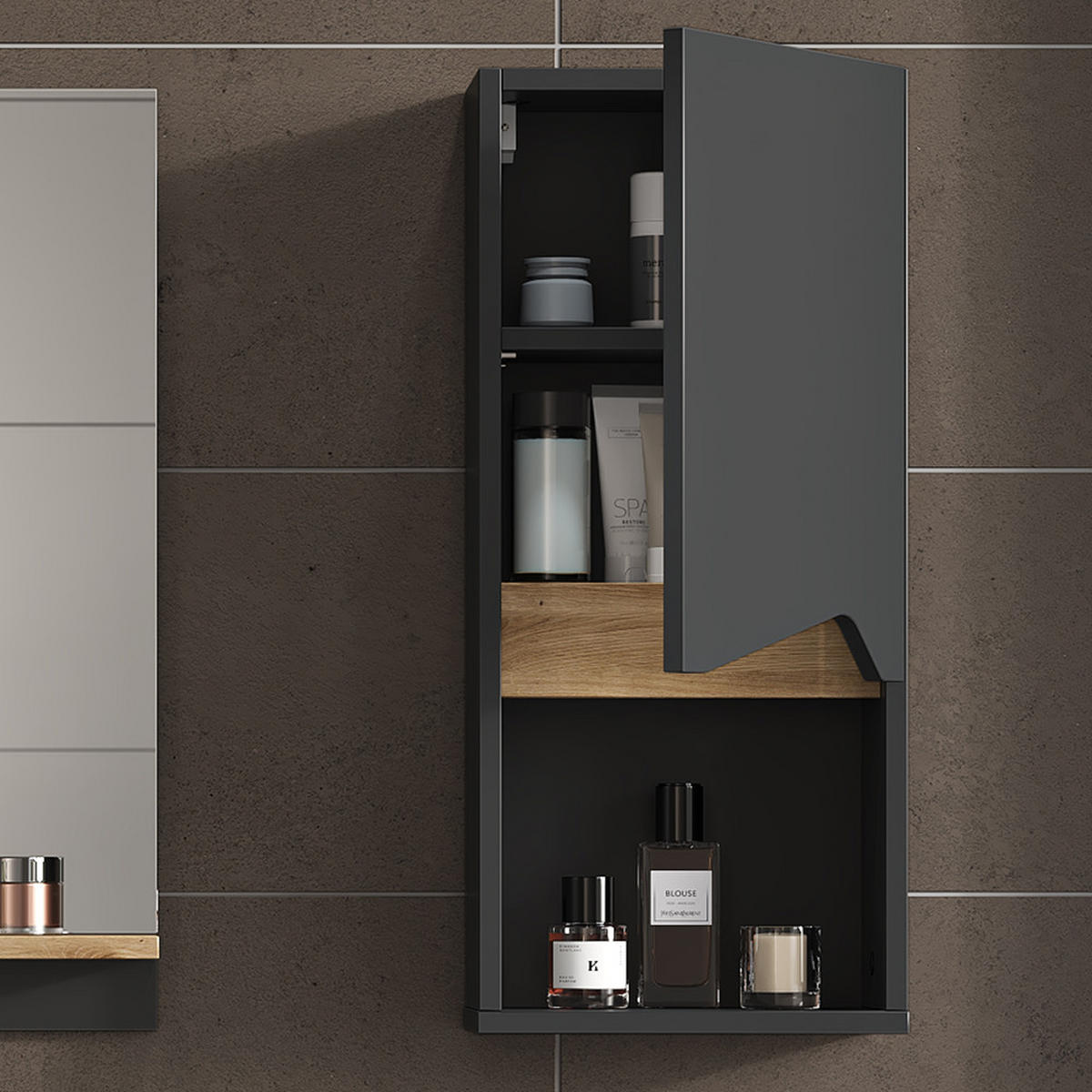 BADSCHRANK Marelle Anthrazit 30 x 67 cm mit Tür und offenem Fach - Anthrazit, Holzwerkstoff (30/67/17cm) - Vicco