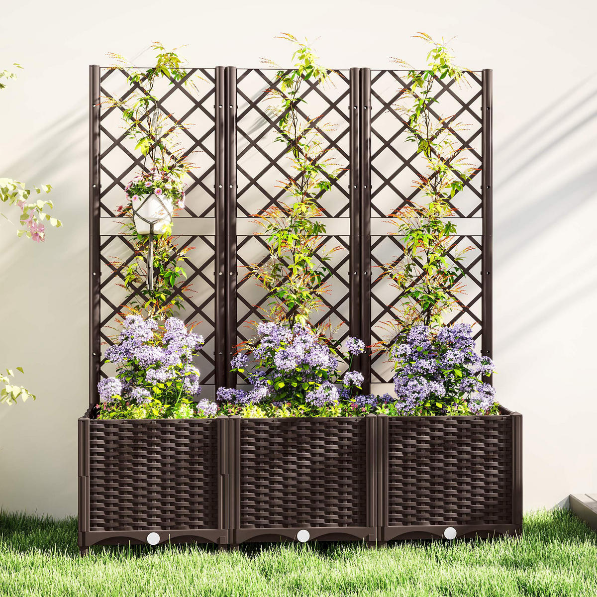 HOCHBEET DE-12208 mit Rankgitter 120/40/135 cm mit 8 Drainagelöchern Braun - Braun, Kunststoff (120/135/40cm) - ComfortXL