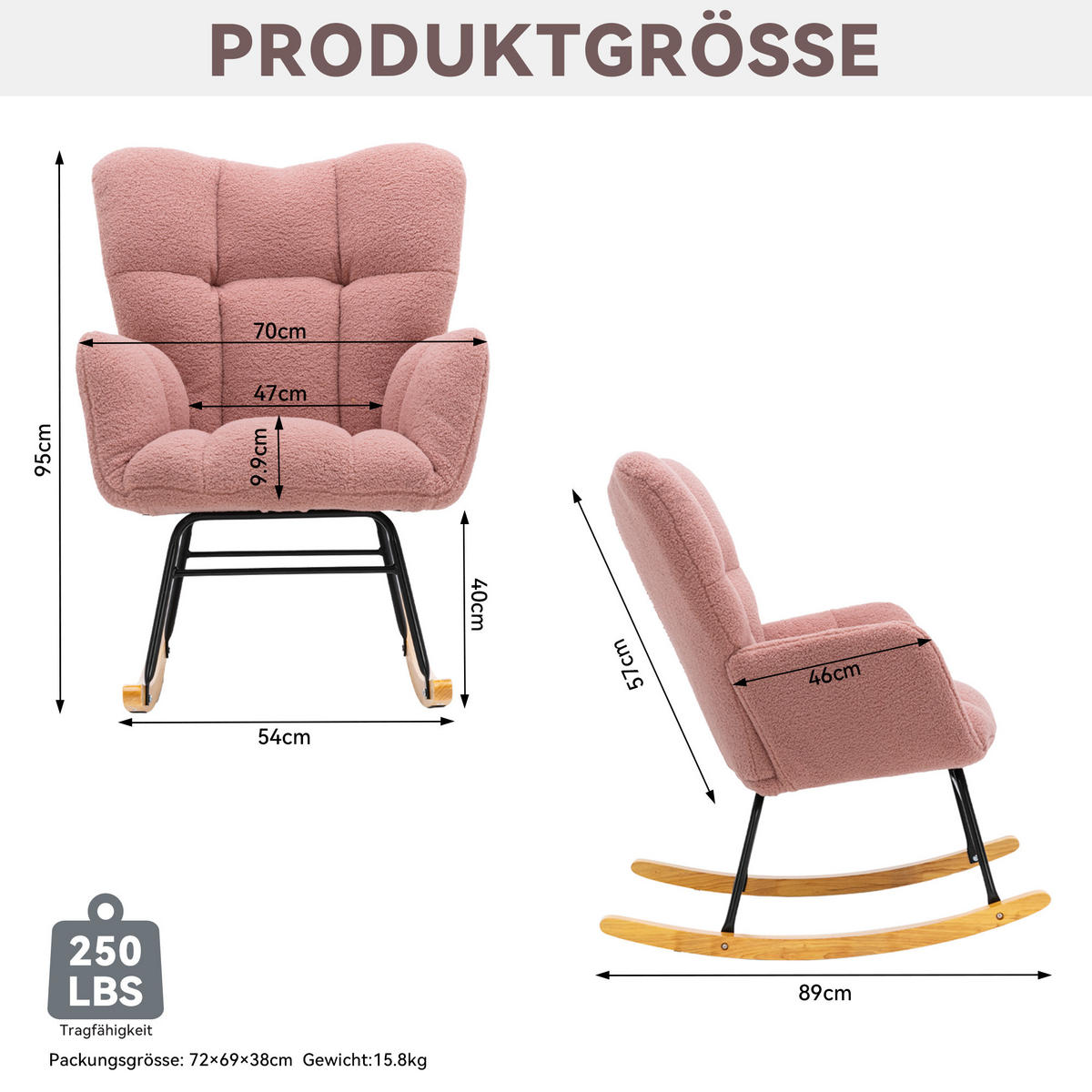 SCHAUKELSTUHL Teddy-Stoff mit gepolsterter Rückenlehne 80/70/95 cm Rosa - Rosa, Textil (70/95/80cm) - Redom