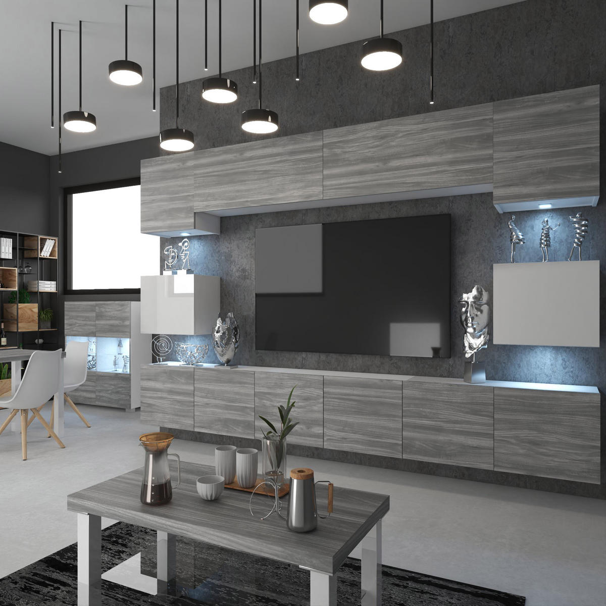 WOHNWAND Milano 3, Grau Matt/Weiß Hochglanz, 300 cm, Grifflos - Grau, Holz (300/60/36cm) - B BELINI GROUP