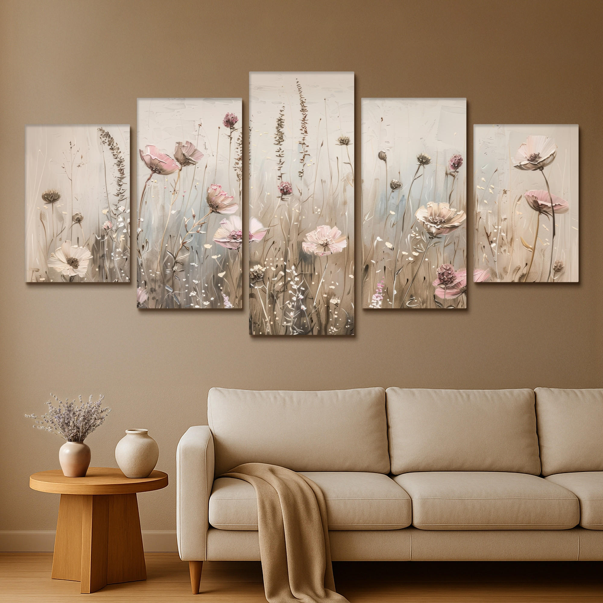 LEINWANDBILD 5er Set Blumen - Beige - Modern - Rosa 200x100 cm - Ecru, Textil (200/100cm) - MuchoWow
