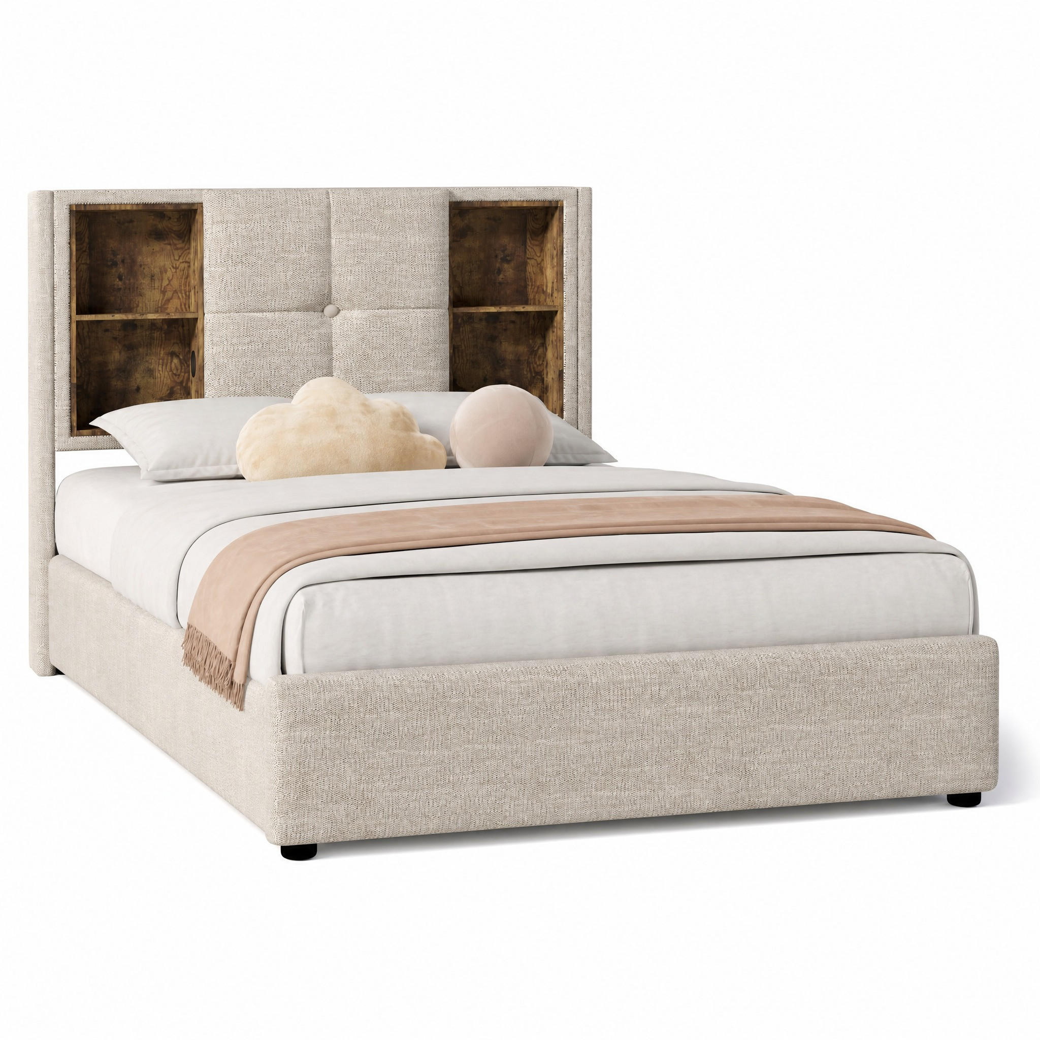 BETT mit Stauraum und Ladestation 90x200 cm Leinen Natural - Beige, Metall (90/200cm) - Meubliv