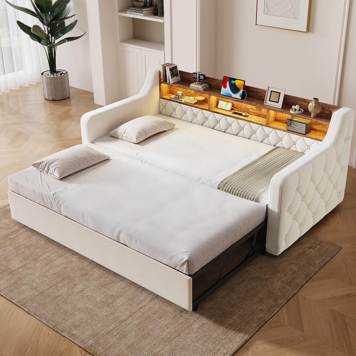 SCHLAFSOFA Beige aus Samt mit Ausziehbett, Stauraumkopfteil, LED und USB-Ladeanschlüssen - Beige, Textil (107/80/201cm) - Luhomfu
