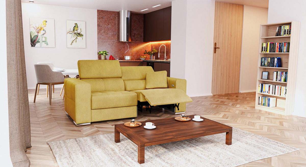 SOFA QUARTZ 3-Sitzer mit 1 Relaxfunktion, honig - Silberfarben/Honig, Holzwerkstoff/Textil (204/80/102cm) - Courtois Laville