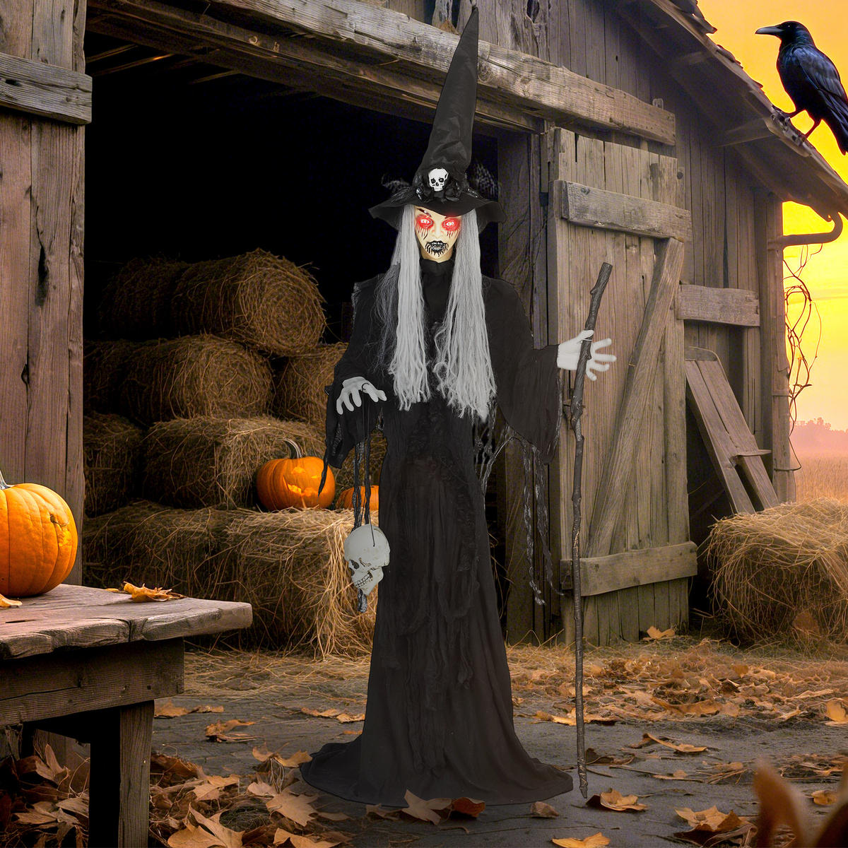 HALLOWEEN-DEKORATION Hexe 170 cm mit LED-Lichter, Soundfunktion - Schwarz, Textil (30/170/60cm) - Outsunny