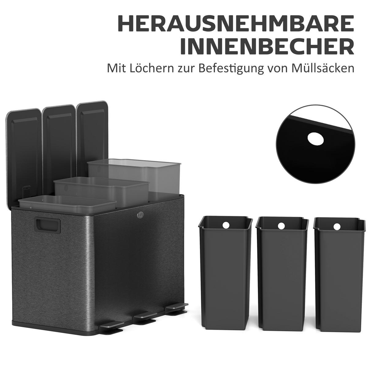 MÜLLEIMER 3x20L Abfalleimer aus Edelstahl mit Softclose Deckel Deodorant-Fächern - Schwarz, Metall (36.6/56.7/61.9cm) - HOMCOM