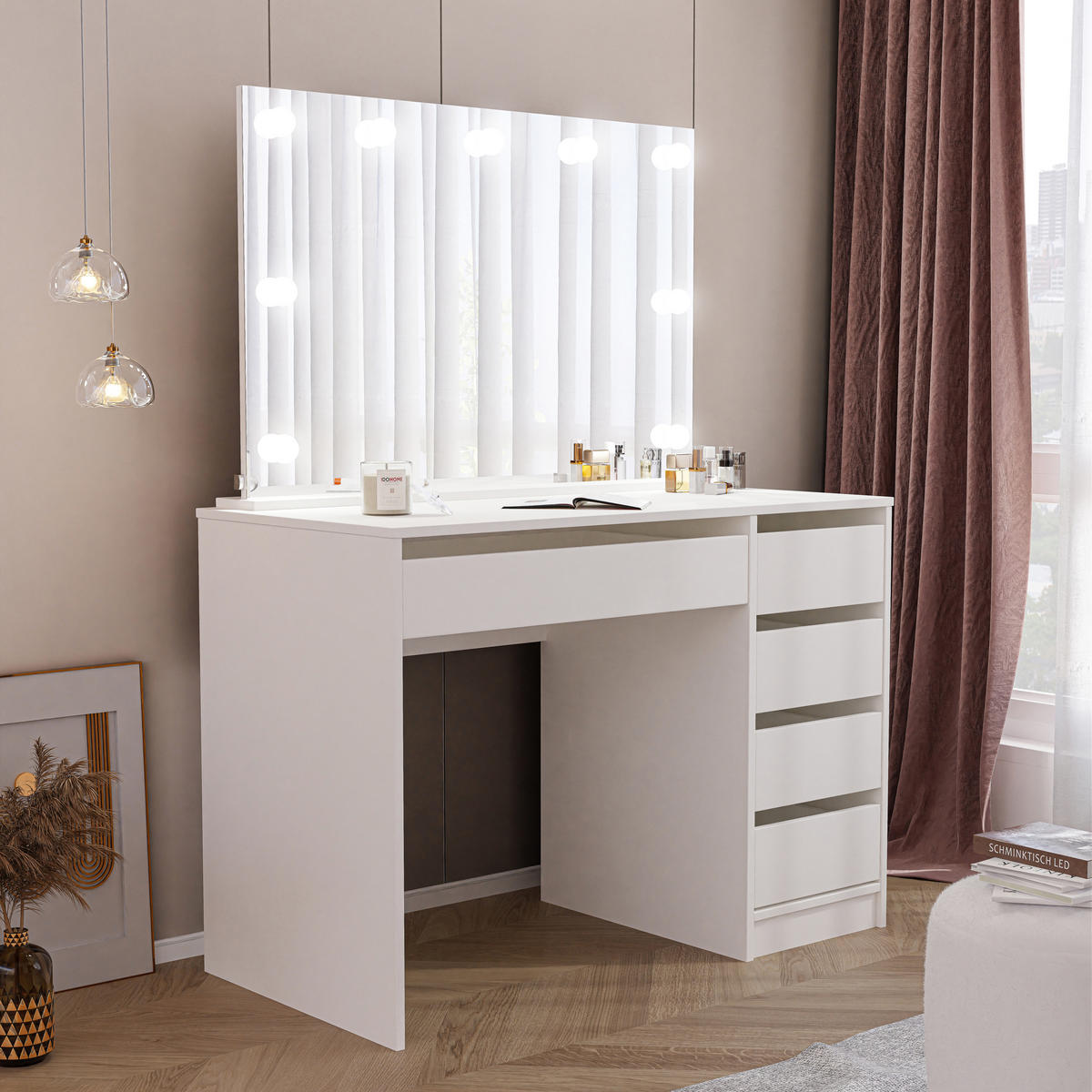 SCHMINKTISCH Bella Weiß 110 cm mit Spiegel und LED Beleuchtung - Weiß, Holzwerkstoff (110/77/55cm) - Idohome