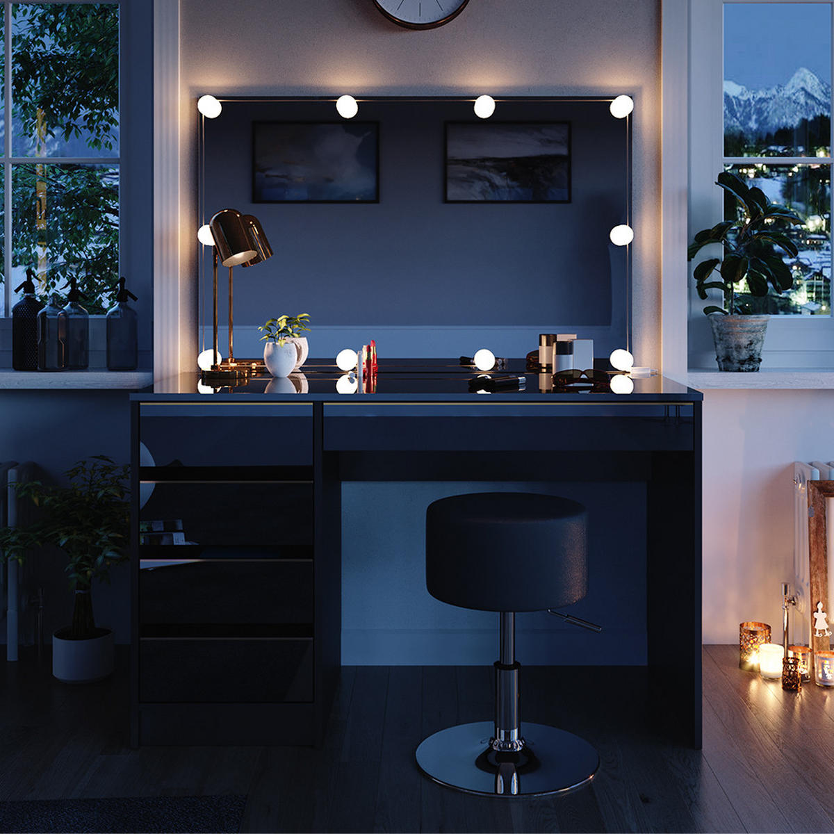SCHMINKTISCH Sherry Schwarz/Gold 120 cm mit LED Beleuchtung und Hocker - Goldfarben/Schwarz, Holzwerkstoff (120/75/55cm) - Vicco