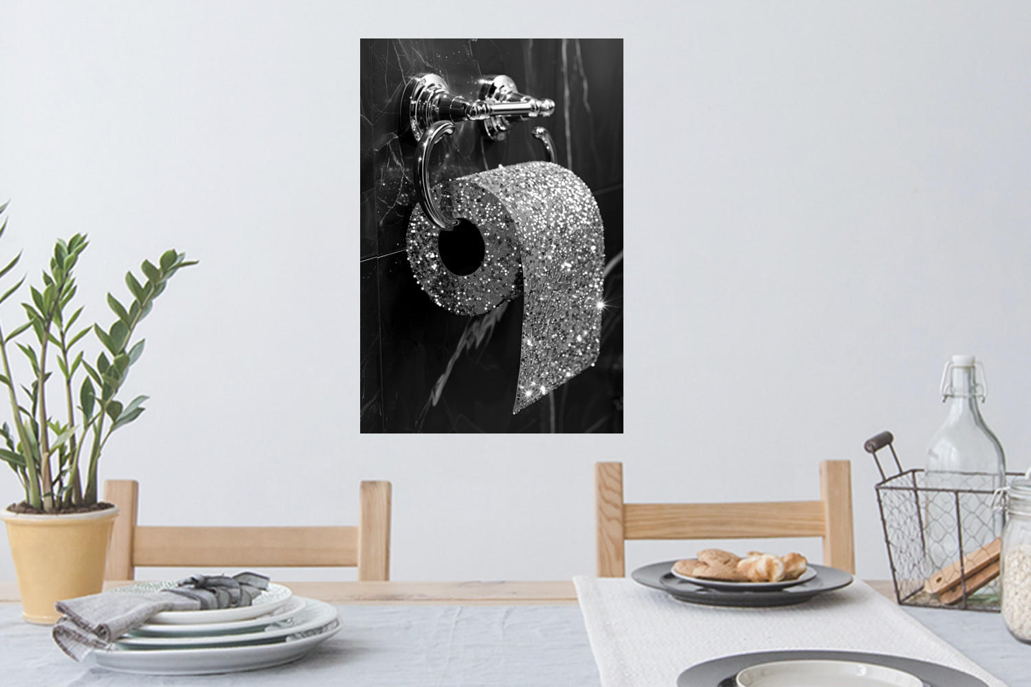 WANDTATTOO WC - Toilettenpapier - Schwarz und weiß - Glitter 40x60 cm - Silberfarben, Kunststoff (40/60/0.1cm) - MuchoWow