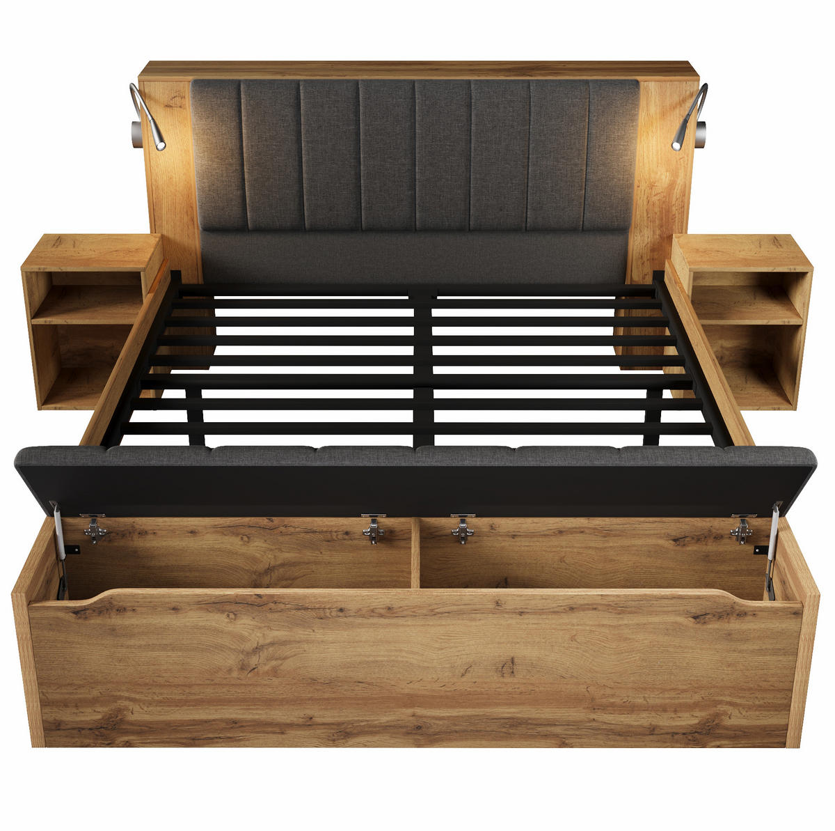 BETT 160/200 cm mit klappbarem Kopfteil, USB-Lampen und Stauraum - Eichefarben, Holzwerkstoff (160/200cm) - BEAOK