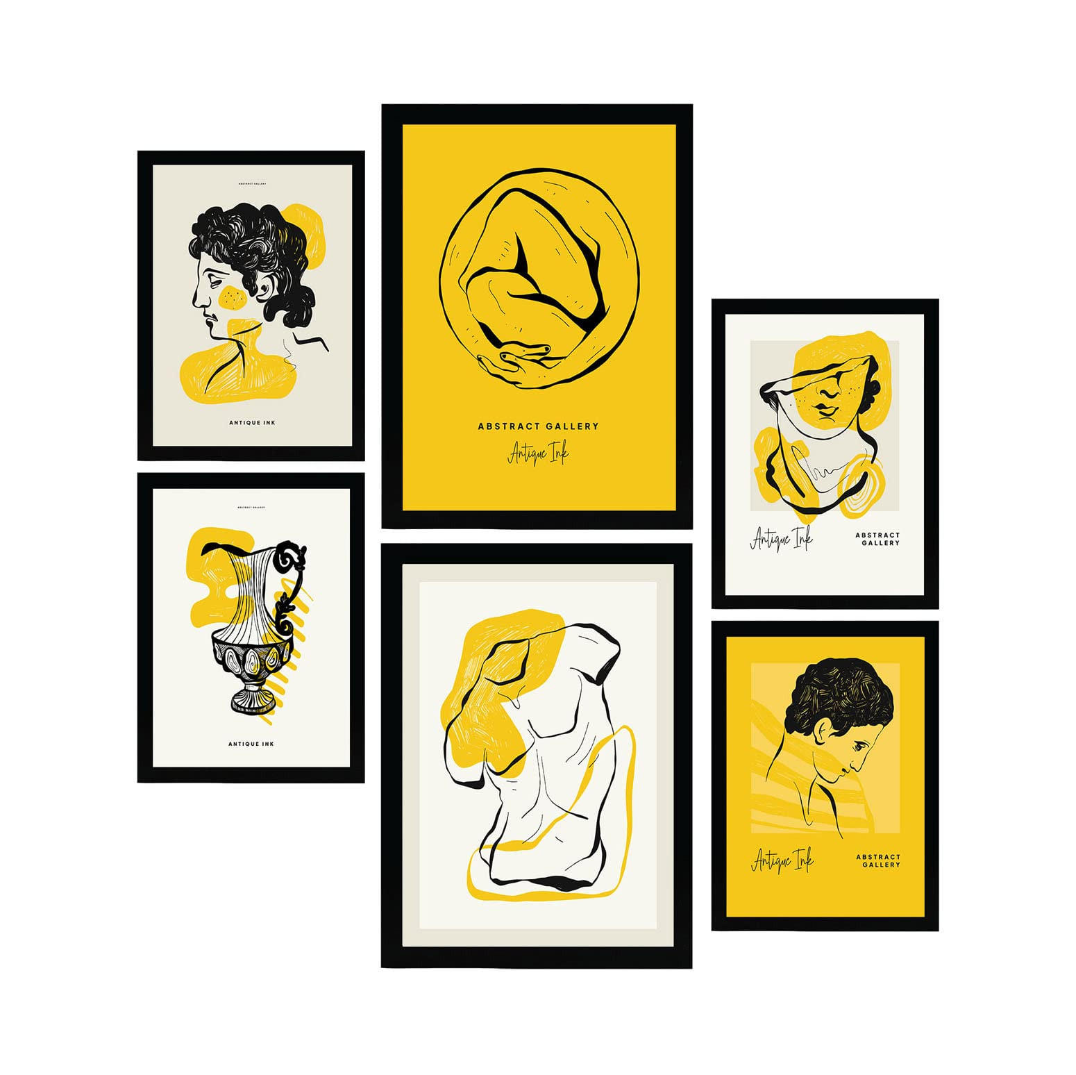 POSTER Set Mit 6 In Schwarzer Tinte Umarmung Von Der Griechischen Mythologie Inspirierte Drucke Für Innenarchitektur A3 & A4 Schwarzer Rahmen - Schwarz, Papier (29/3cm) - Nacnic