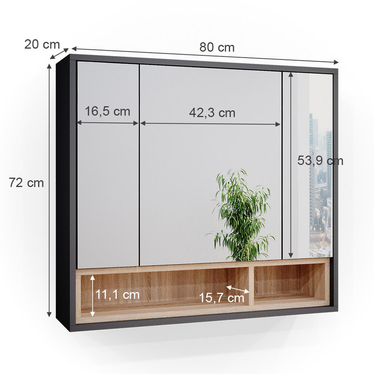 BADSPIEGELSCHRANK Beatrice Anthrazit 80 x 72 cm - Anthrazit, Holzwerkstoff (80/72/20cm) - Vicco