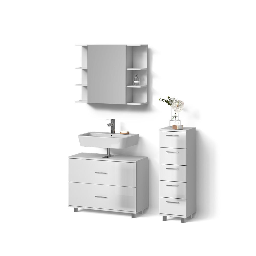 BADMÖBEL-SET Eisak Weiß Hochglanz 3 Teile, mit Unterschrank 80 cm - Weiß Hochglanz, Holzwerkstoff (80/60/33cm) - Livinity®