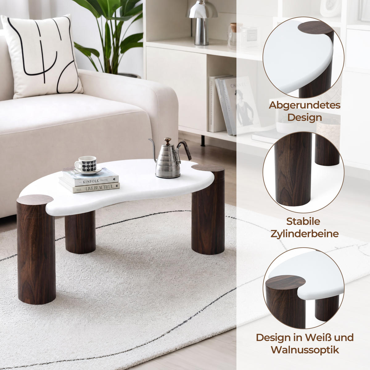COUCHTISCH Holz 90 × 49 × 36 cm, Memphis-Stil, Walnussoptik - Weiß, Holzwerkstoff (49/90/35.5cm) - Hometopia