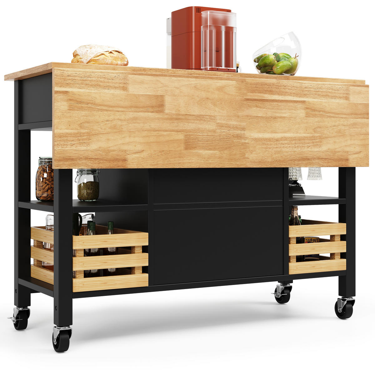 KÜCHENINSEL 120x73x90cm Schwarz mit Klapptisch & Ausziehkorb - Schwarz, Holzwerkstoff (120/90/73cm) - Modfu