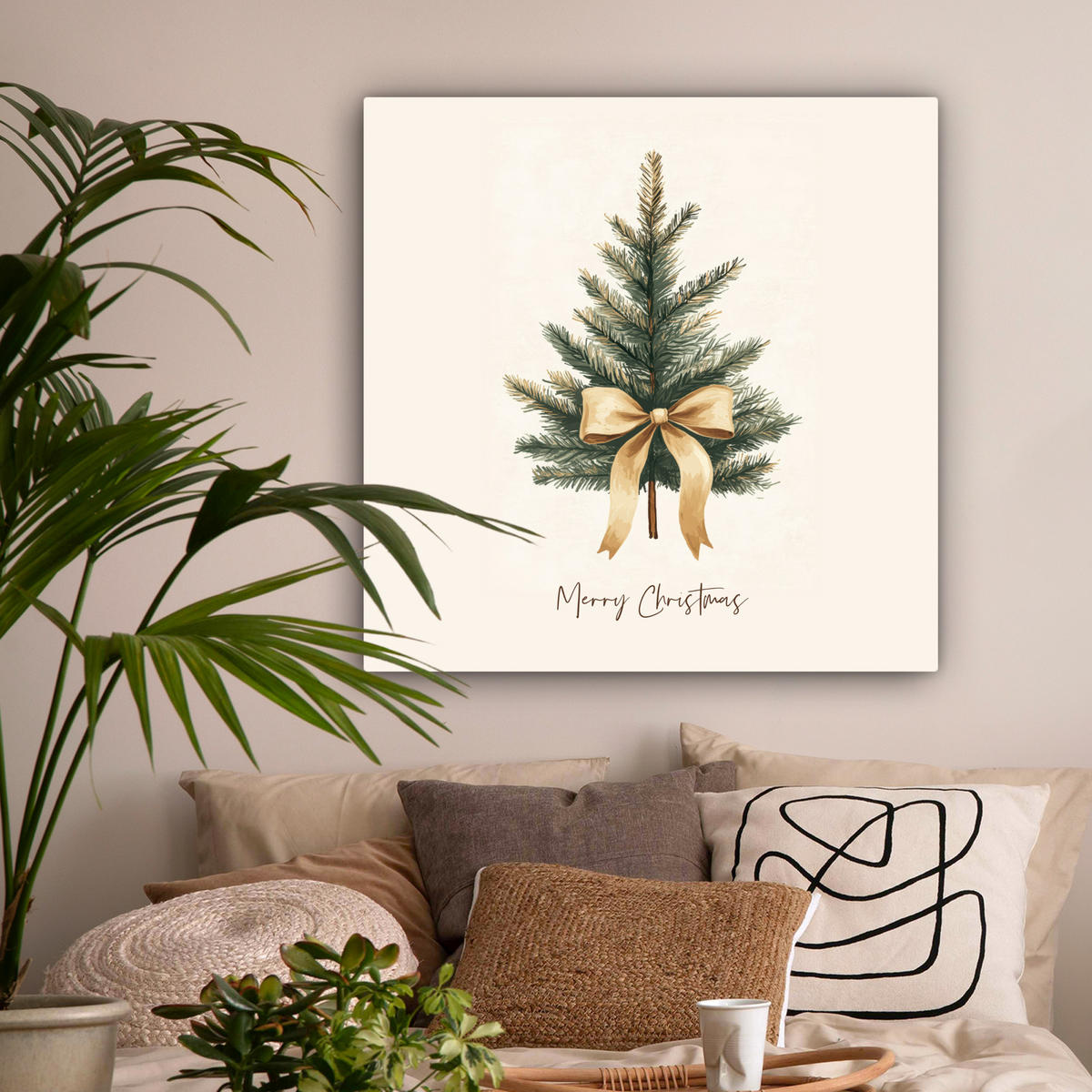 LEINWANDBILD Weihnachtsbaum - Weihnachten - Frohe Weihnachten - Beige 90x90 cm - Sandfarben, Textil (90/90cm) - MuchoWow