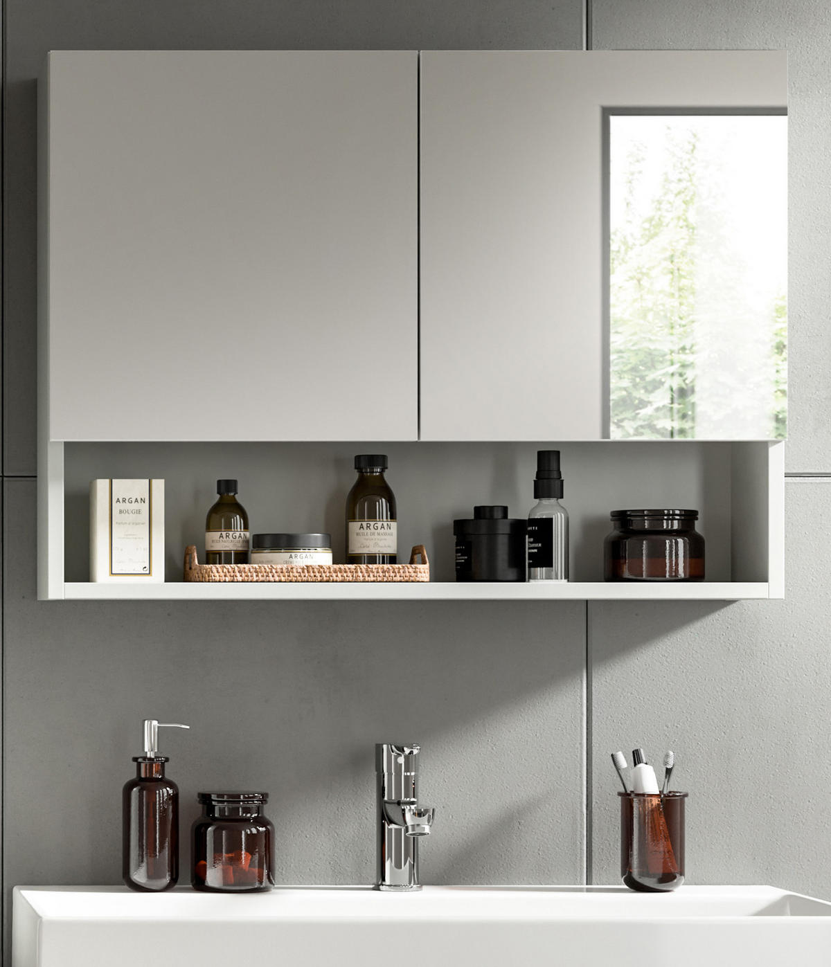 SPIEGELSCHRANK grau 74 cm, Badschrank 2-türig mit Soft-Close - Grau, Glas/Holzwerkstoff (74/55/17cm) - Inn.Furn