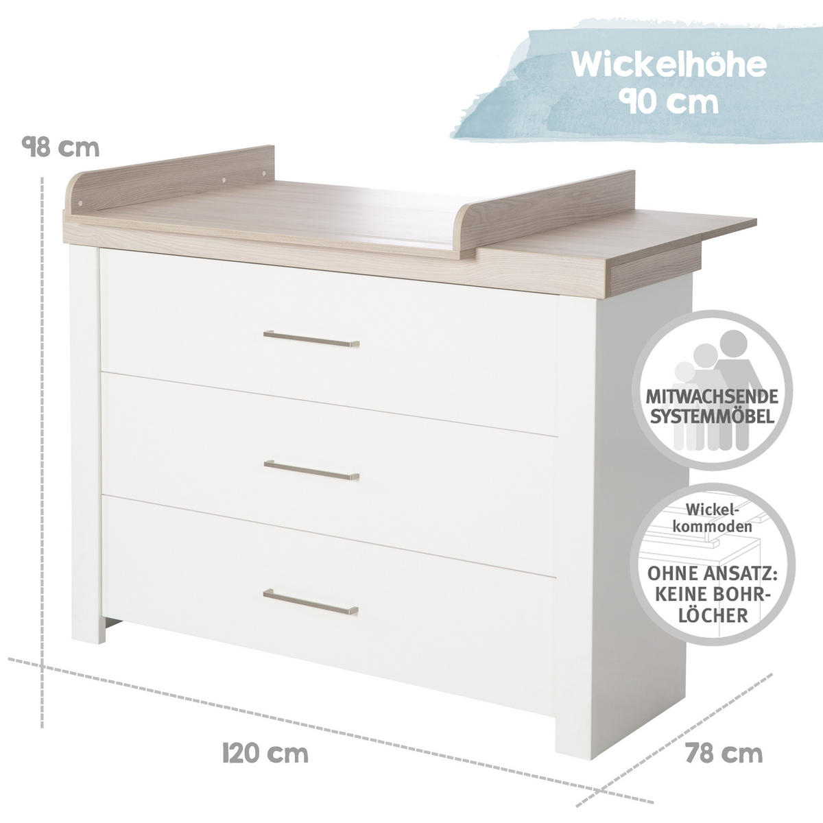 WICKELKOMMODE Lucy - Weiß, Holzwerkstoff/Metall (120/98/75cm) - Roba