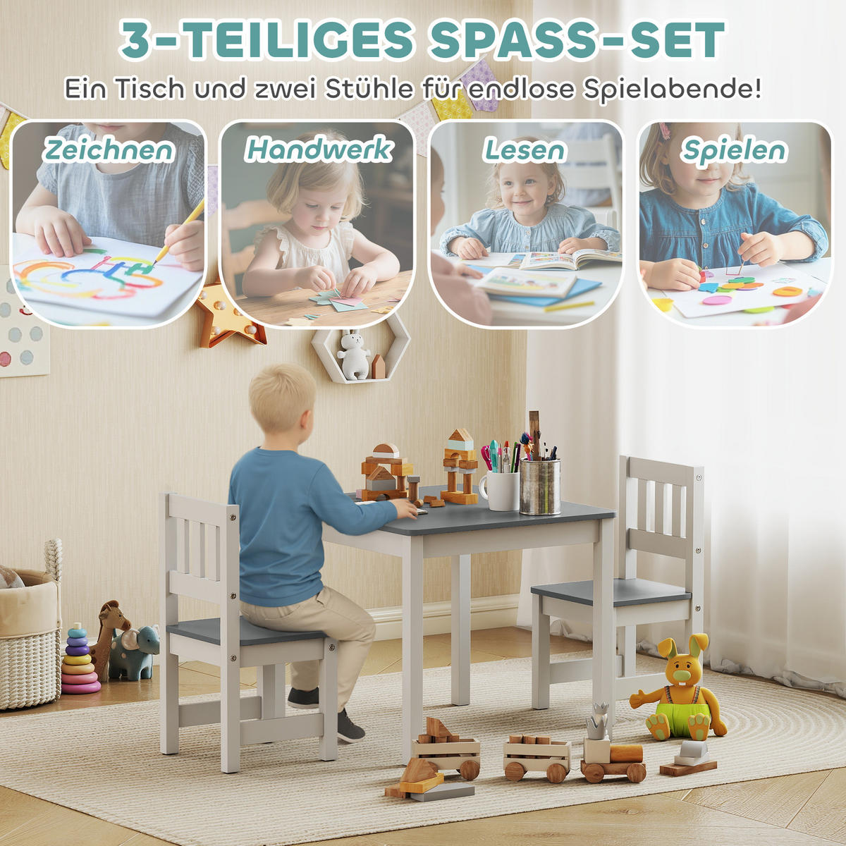 KINDERSITZGRUPPE Kindertisch mit 2 Stühlen, Kinderzimmer Tisch & Stühle Set Grau - Grau, Holz (52/48/56cm) - AIYAPLAY