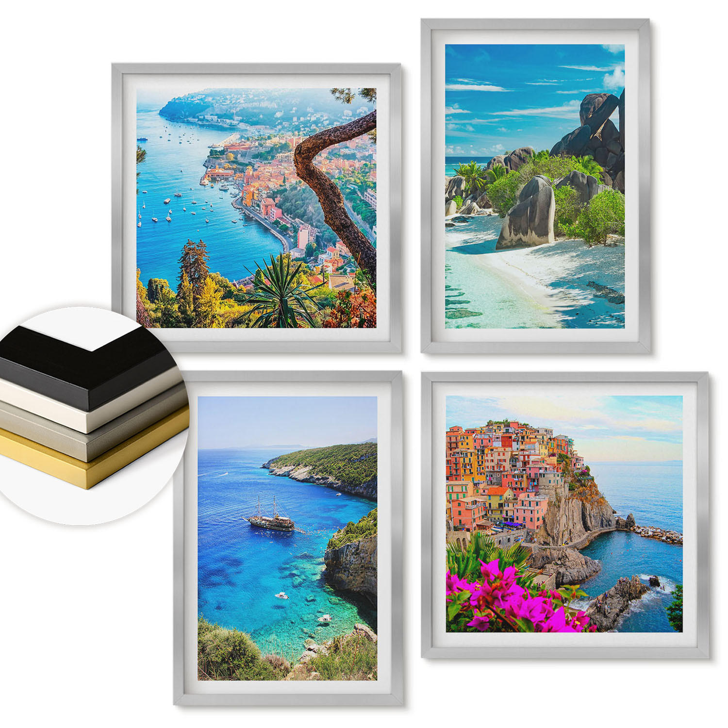 WANDBILDER 4er Set - 50x50 cm & 40x60 cm Silberner Rahmen - Palmen am Meer, blaues Wasser - Silberfarben, Kunststoff (50/50cm) - ArtPrintCave