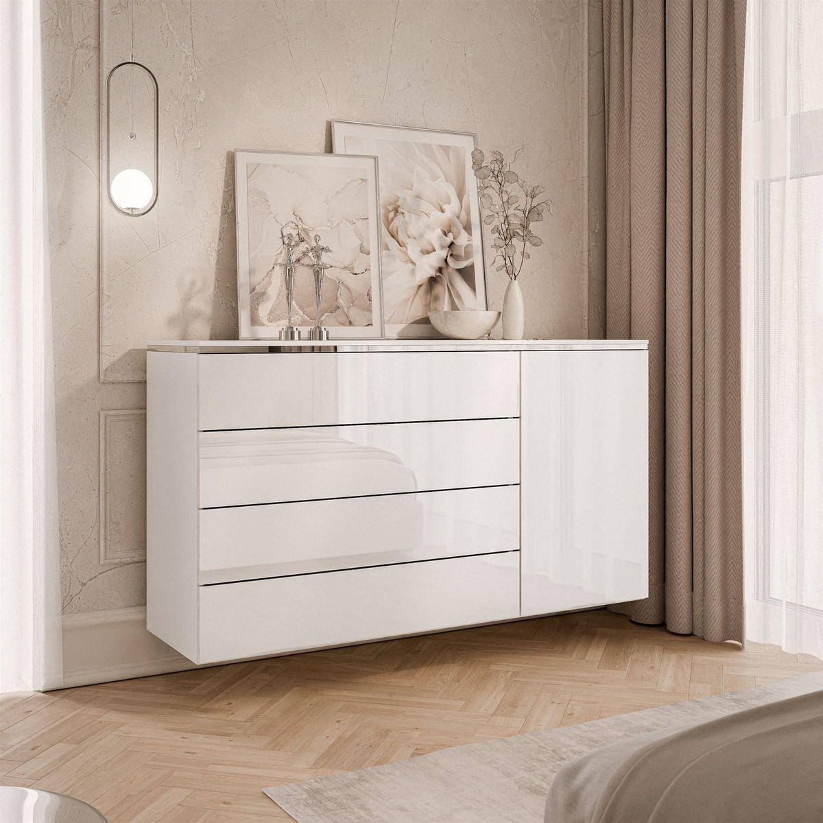 KOMMODE AURORA SILVER 4S1D mit Schubladen – Hängend - Weiß Hochglanz, Holzwerkstoff (140/76/40cm) - Lookway