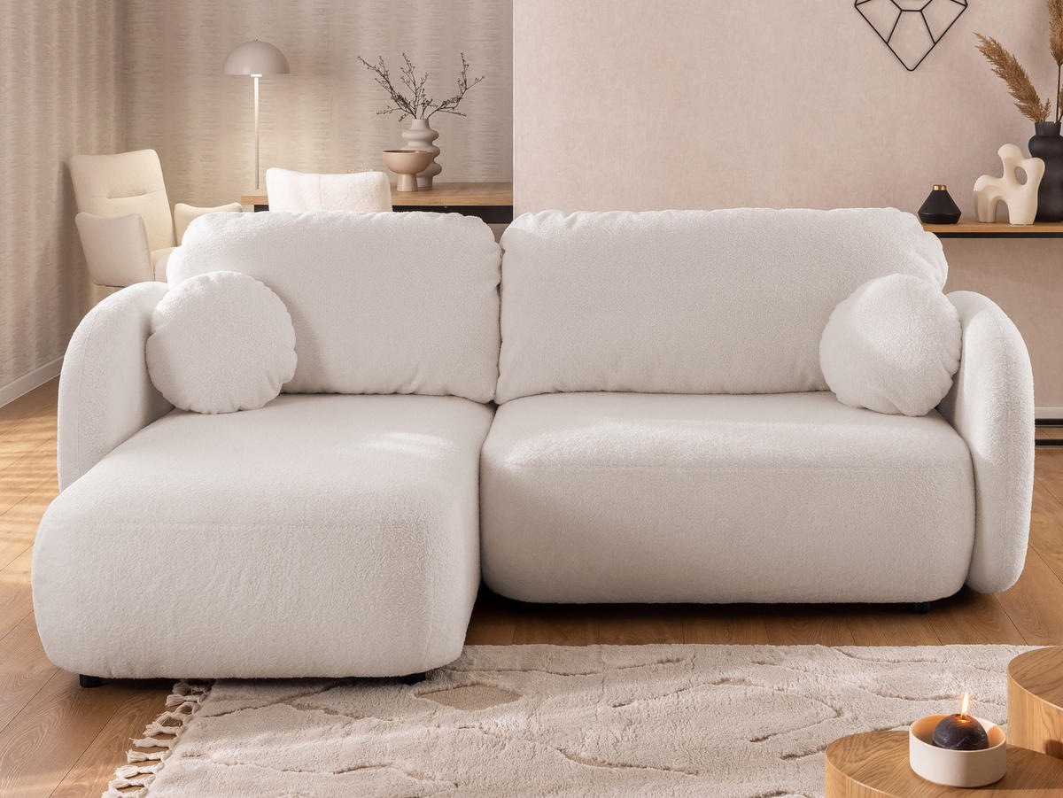 ECKSOFA Candy mit Schlaffunktion Weiß Bouclé-Stoff - Ottomane links - Schwarz/Weiß, Holz/Kunststoff (230/146cm) - S-Style Möbel
