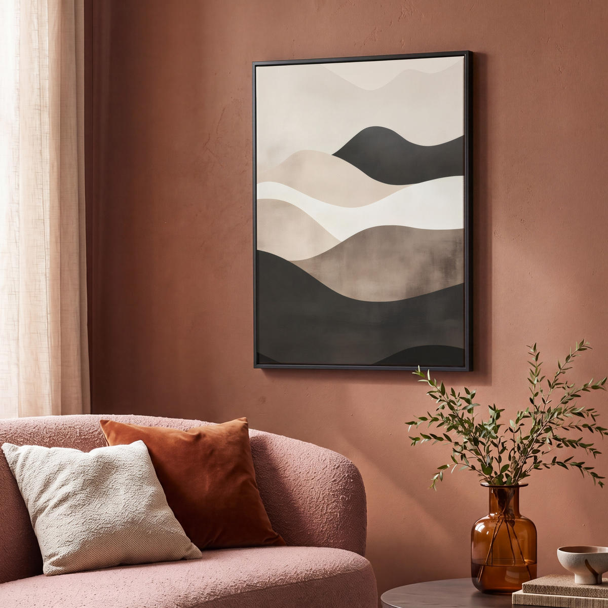 LEINWAND Bilder mit Rahmen - Abstrakt - Landschaft - Wellen - Cremefarben - 70x100 - Cappuccino, Textil (70/100cm) - MuchoWow